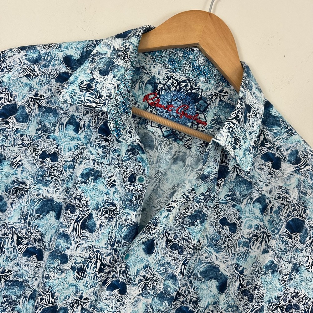 Robert Graham Shirt Blue White Skull Print Classic Fit Button Up Mens Large Read